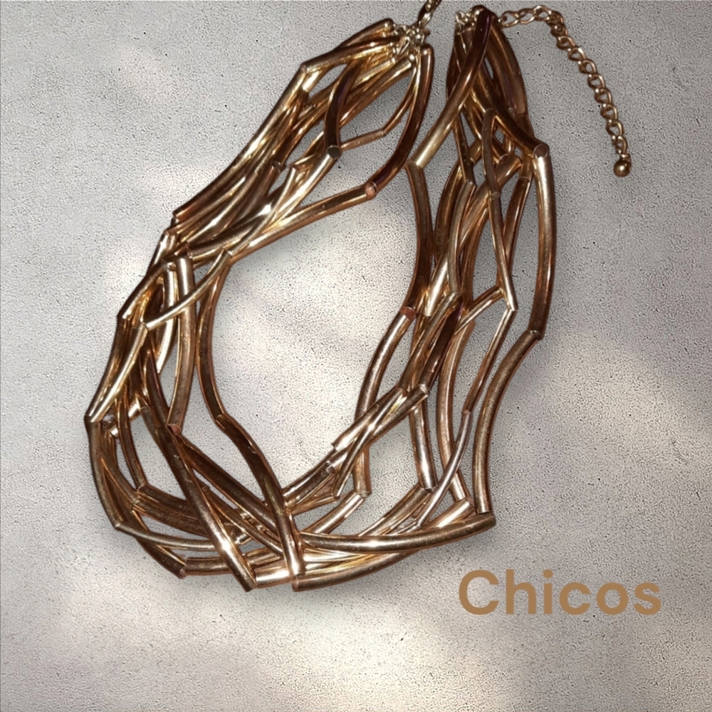 Chico's Goldtone Multistrand Necklace metal tube statement designer